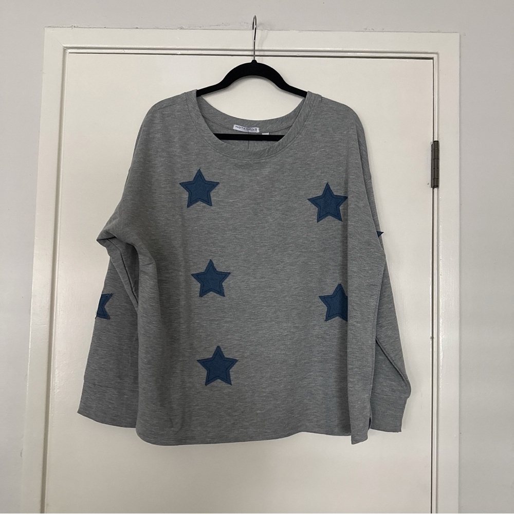 Notations Gray Sweatshirt with Blue Star Accents